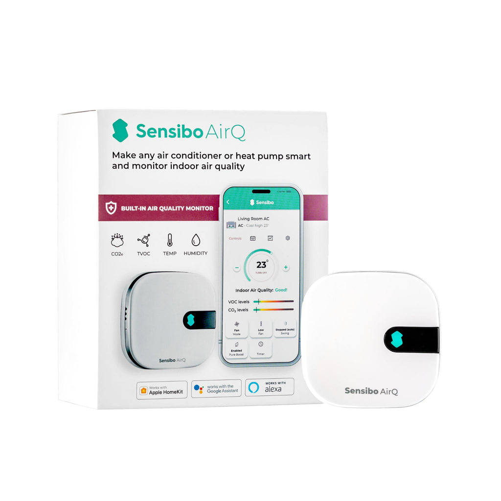 Sensibo Air PRO retail packaging with device and app interface showing air quality monitoring
