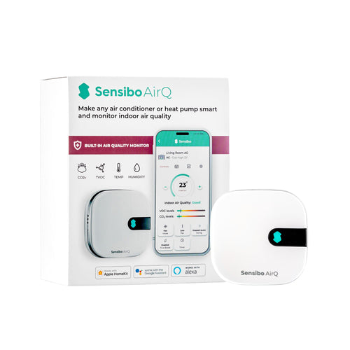 Sensibo Air PRO retail packaging with device and app interface showing air quality monitoring

