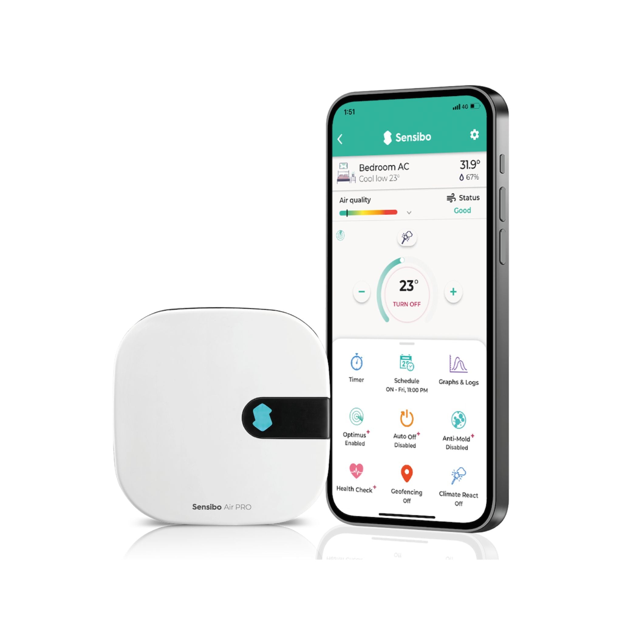 Sensibo Air PRO smart AC controller with Sensibo app displaying bedroom climate control